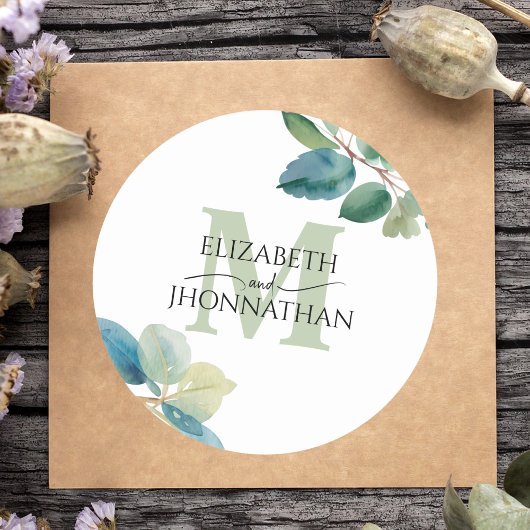 Groen eucalyptus monogram bruiloft ronde sticker