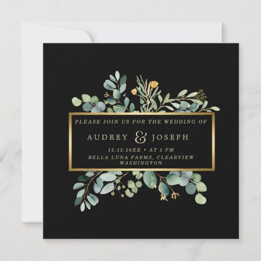 Groen Eucalyptus op zwart | Kerstbruiloft Kaart (Voorkant)