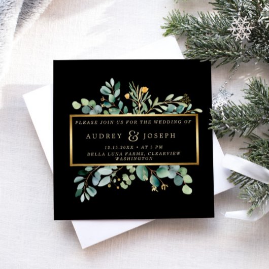 Groen Eucalyptus op zwart | Kerstbruiloft Kaart