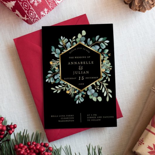 Groen Eucalyptus op zwart | Kerstbruiloft Kaart