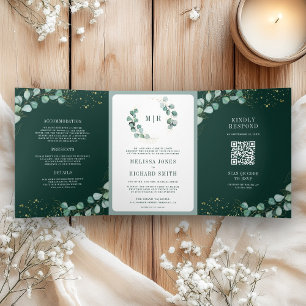Groen Eucalyptus Smaragdgroen QR Code Trouwen Drieluik Uitnodiging
