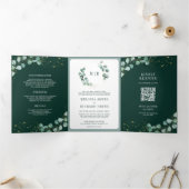 Groen Eucalyptus Smaragdgroen QR Code Trouwen Drieluik Uitnodiging (Binnen)