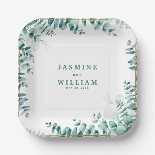 Groen Eucalyptus Square Frameborder bruiloft Papieren Bordje (Voorkant)