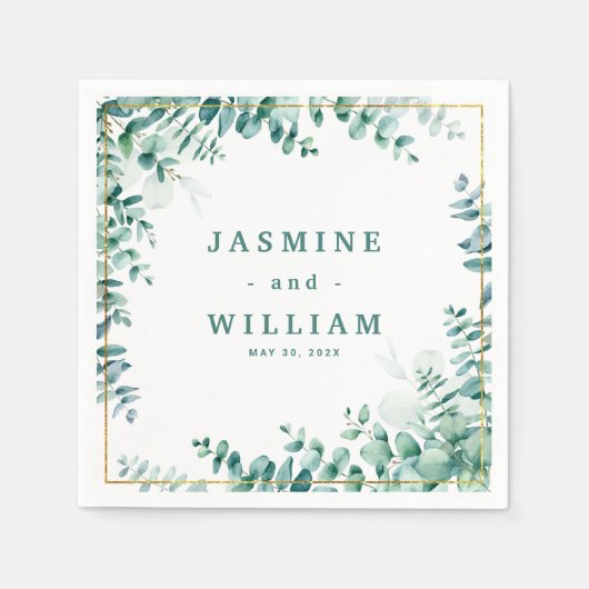 Groen Eucalyptus Square Frameborder bruiloft Servet (Voorkant)