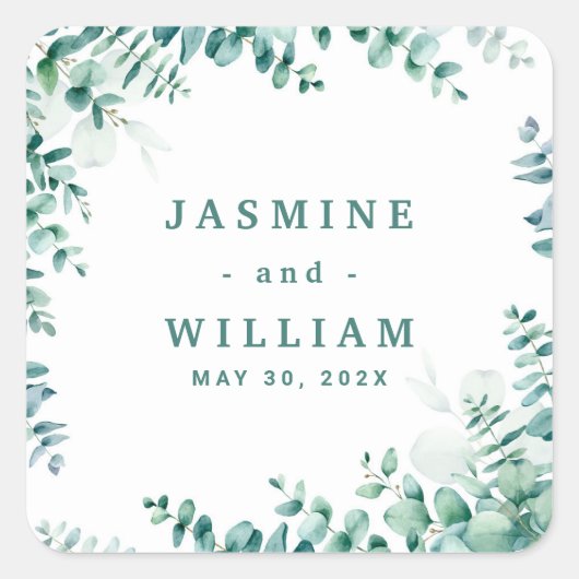 Groen Eucalyptus Square Frameborder bruiloft Vierkante Sticker (Voorkant)
