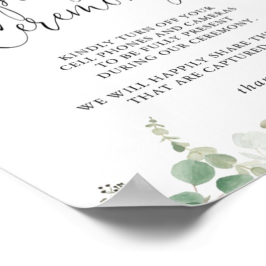 Groen Eucalyptus Unplugged Ceremony Sign. Poster (Hoek)