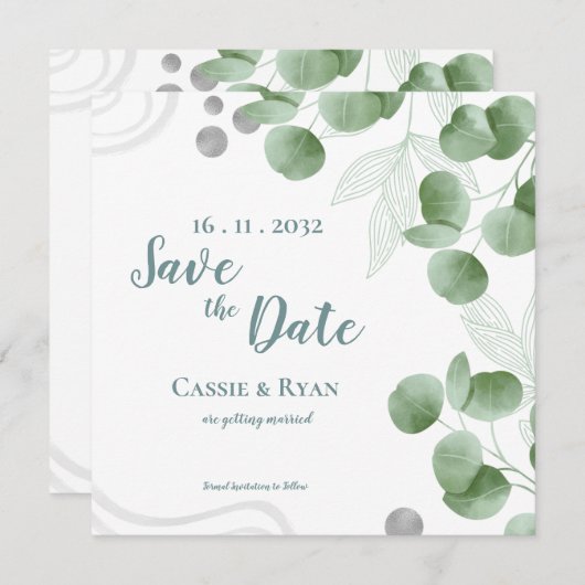Groen Eucalyptus verlaat bruiloft Save the Date (Voorkant / Achterkant)