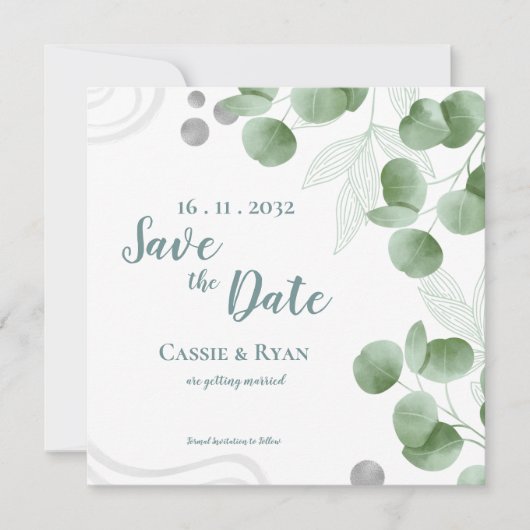 Groen Eucalyptus verlaat bruiloft Save the Date (Voorkant)