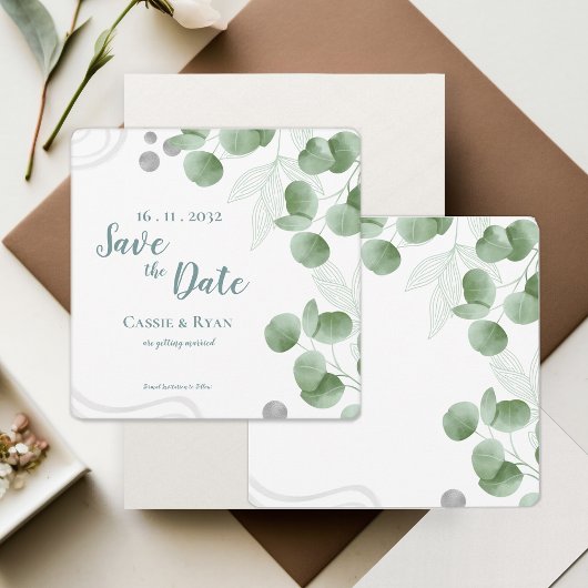 Groen Eucalyptus verlaat bruiloft Save the Date