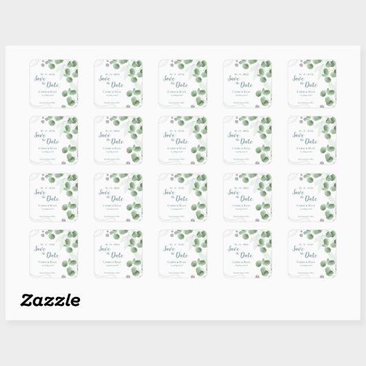 Groen Eucalyptus verlaat bruiloft Save the Date Vierkante Sticker (Vel)