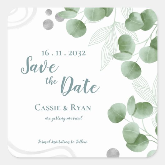 Groen Eucalyptus verlaat bruiloft Save the Date Vierkante Sticker (Voorkant)
