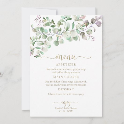 Groen Eucalyptus Vrijgezellenfeest Menu Uitnodigin Kaart (Voorkant)