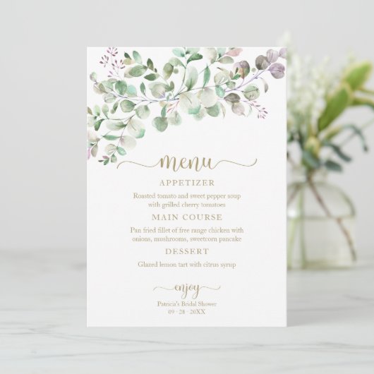 Groen Eucalyptus Vrijgezellenfeest Menu Uitnodigin Kaart (Staand voorkant)