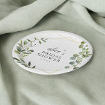 groen eucalyptus Vrijgezellenfeest papier Bord<br><div class="desc">Verhoog uw vrijgezellenfeest met onze op maat gemaakte ronde papieren borden, waar modern design voldoet aan de aanraking van de natuur. Omhuld door een chique geometrisch lijst, laat de delicate waterverf eucalyptus fluisterverhalen van elegantie en sereniteit. In het hart van dit ontwerp staat jouw naam elegant in modern schrift, waardoor...</div>