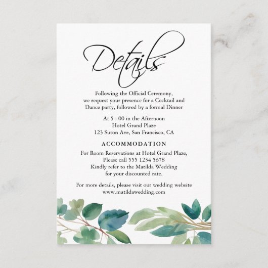 Groen Eucalyptus Waterverf Details Monogram Informatiekaartje (Voorkant)