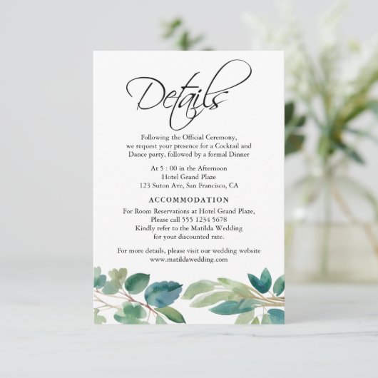 Groen Eucalyptus Waterverf Details Monogram Informatiekaartje (Staand voorkant)