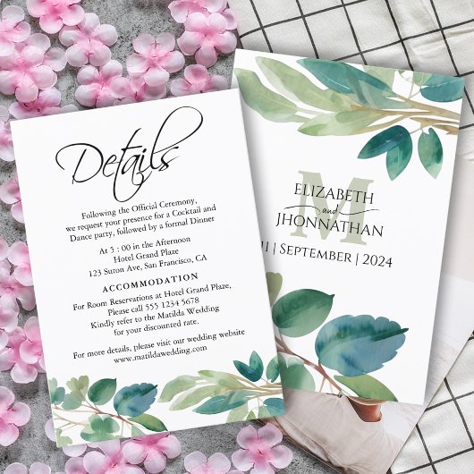 Groen Eucalyptus Waterverf Details Monogram Informatiekaartje