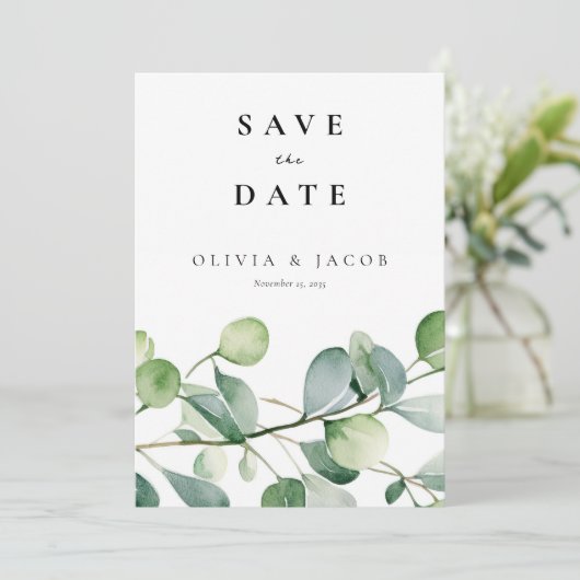 Groen Eucalyptus Waterverf Save The Date (Staand voorkant)