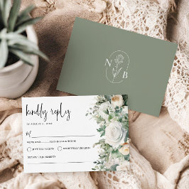 Groen Eucalyptus White Rose Elegant Huwelijk RSVP Kaartje