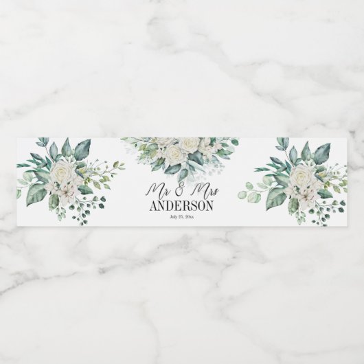 Groen eucalyptus witte rozen bruiloft Sparkling Waterfles Etiket (Enkel label)