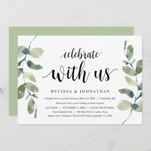 Groen Eucalyptus, Zwarte Inkt, Trouw Elopement Kaart (Voorkant / Achterkant)