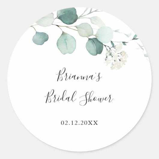 Groen Eucalyptusblad Bruiloftsshower Favoriet Ronde Sticker (Voorkant)