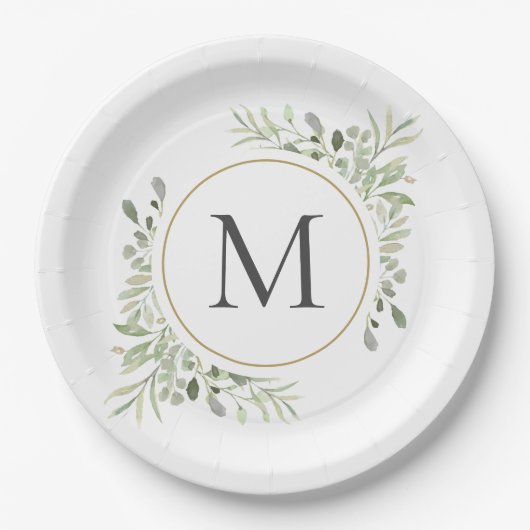 Groen Eucalyptusblad Monogram Papieren Bordje (Voorkant)