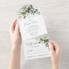 Groen, Eucalyptusbladeren, Boho, Communie All In One Uitnodiging