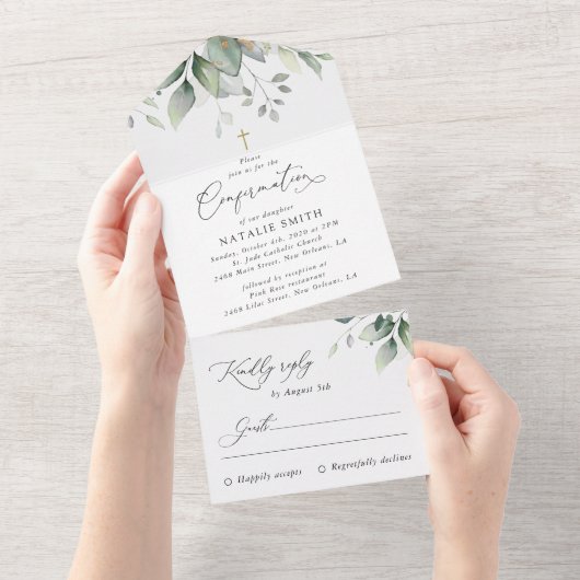 Groen, Eucalyptusbladeren, Boho, Communie All In One Uitnodiging (Afscheurbaar)