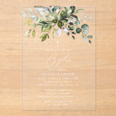 Groen, Eucalyptusbladeren, Boho, Doop Acryl Uitnodigingen (Voorkant)