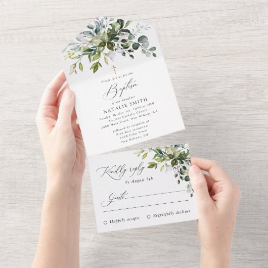 Groen, Eucalyptusbladeren, Boho, Doop All In One Uitnodiging (Afscheurbaar)