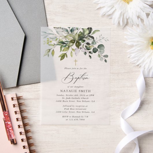 Groen, Eucalyptusbladeren, Boho, Doop Vellum Uitnodigingen (Huwelijk)