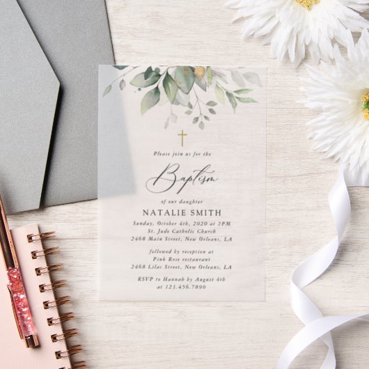 Groen, Eucalyptusbladeren, Boho, Doop Vellum Uitnodigingen (Huwelijk)