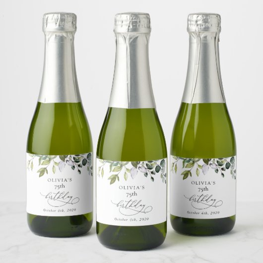 Groen, Eucalyptusbladeren, Boho, Verjaardag Sparkling Wijnetiket (Flessen)