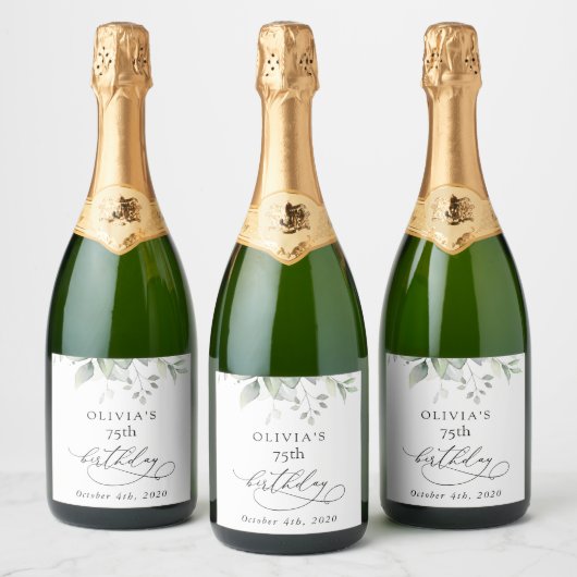Groen, Eucalyptusbladeren, Boho, Verjaardag Sparkling Wijnetiket (Flessen)