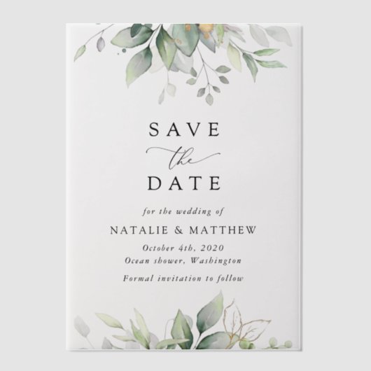 Groen, Eucalyptusbladeren, Botanische Bruiloft Vellum Uitnodigingen (Voorkant)