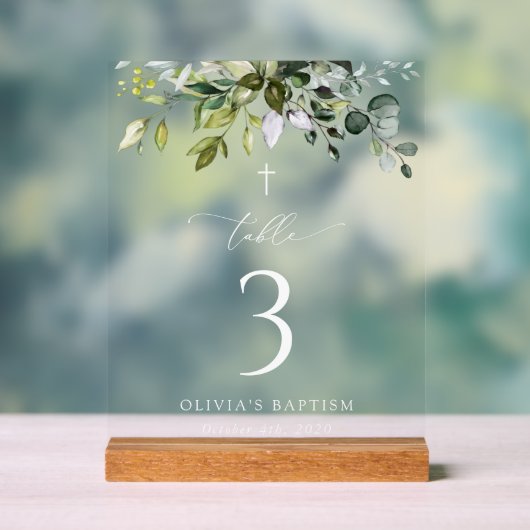 Groen, Eucalyptusbladeren, Doop Tafel Nummers Acryl Bord (Neutraal)