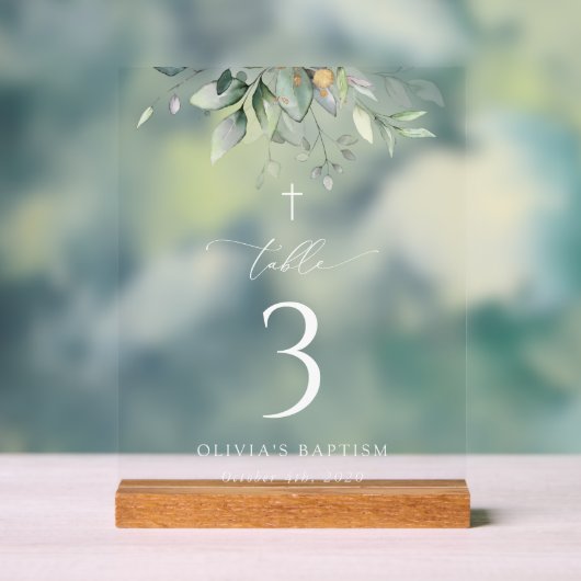 Groen, Eucalyptusbladeren, Doop Tafel Nummers Acryl Bord (Neutraal)