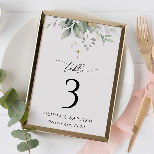 Groen, Eucalyptusbladeren, Doop Tafel Nummers Kaart