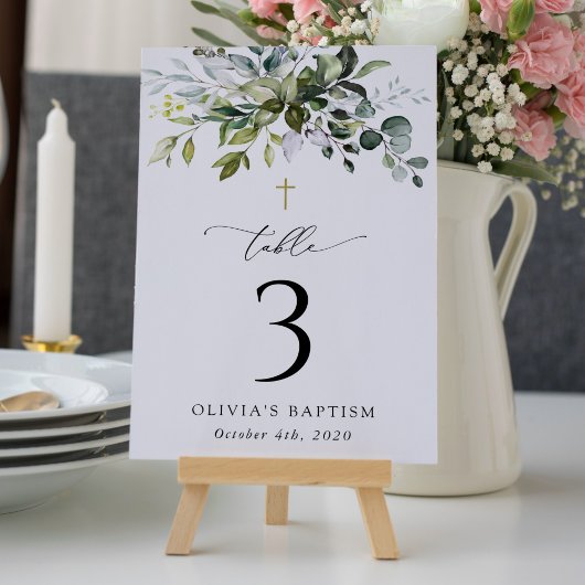 Groen, Eucalyptusbladeren, Doop Tafel Nummers Kaart