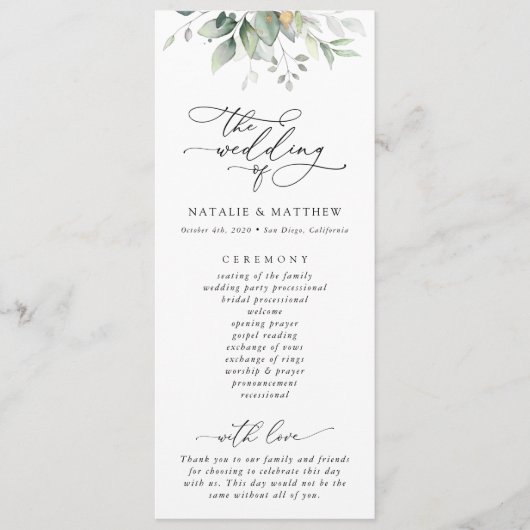 Groen, Eucalyptusbladeren, Huwelijksprogramma Programmakaart (Voorkant)