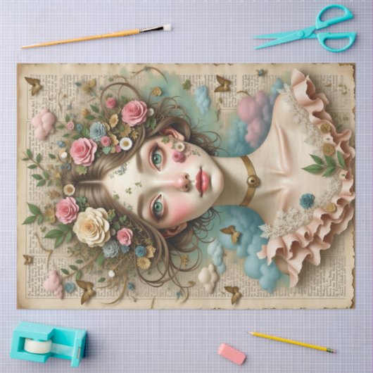 Groen-Eyed Meisje met Bloemen & Vlinders Tissuepapier (Craft)