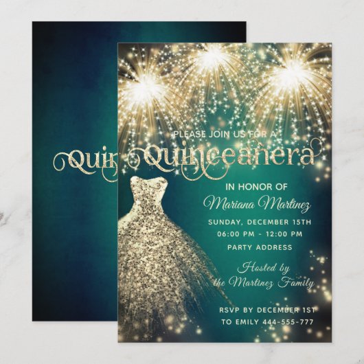 Groen fancy vuurwerk gouden sprankeljurk kaart (Voorkant / Achterkant)