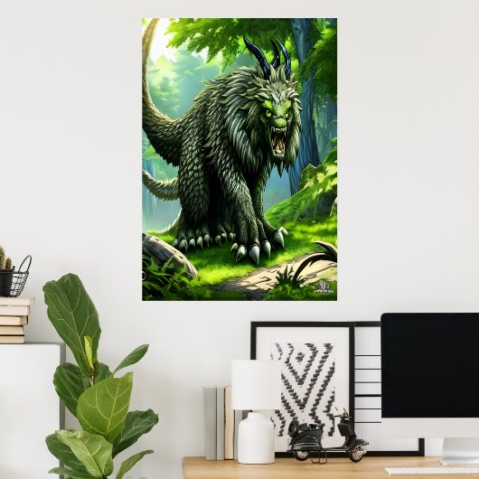 Groen fantasiebeest in het bos | AI Art Poster (Thuiskantoor)