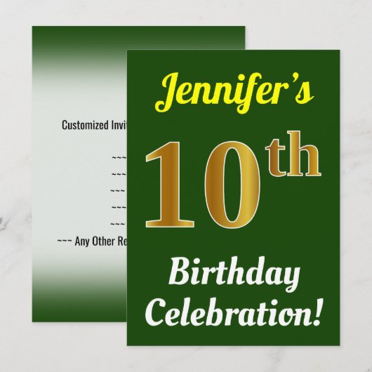 Groen, Faux Gold 10e verjaardag viering + naam Kaart (Voorkant / Achterkant)