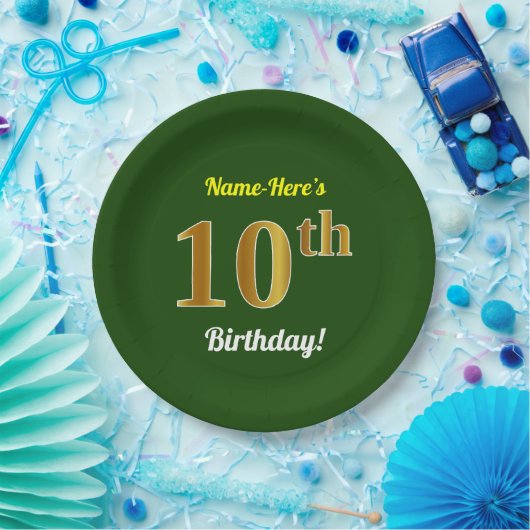 Groen, Faux Gold 10th Birthday + Eigen naam Papieren Bordje (Feest)
