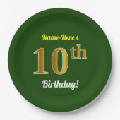 Groen, Faux Gold 10th Birthday + Eigen naam Papieren Bordje (Voorkant)