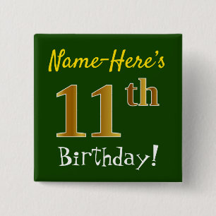 Groen, Faux Gold 11e verjaardag, met aangepaste na Vierkante Button 5,1 Cm