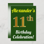 Groen, Faux Gold 11e verjaardag viering + Naam Kaart (Voorkant / Achterkant)