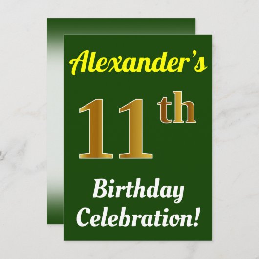 Groen, Faux Gold 11e verjaardag viering + Naam Kaart (Voorkant / Achterkant)